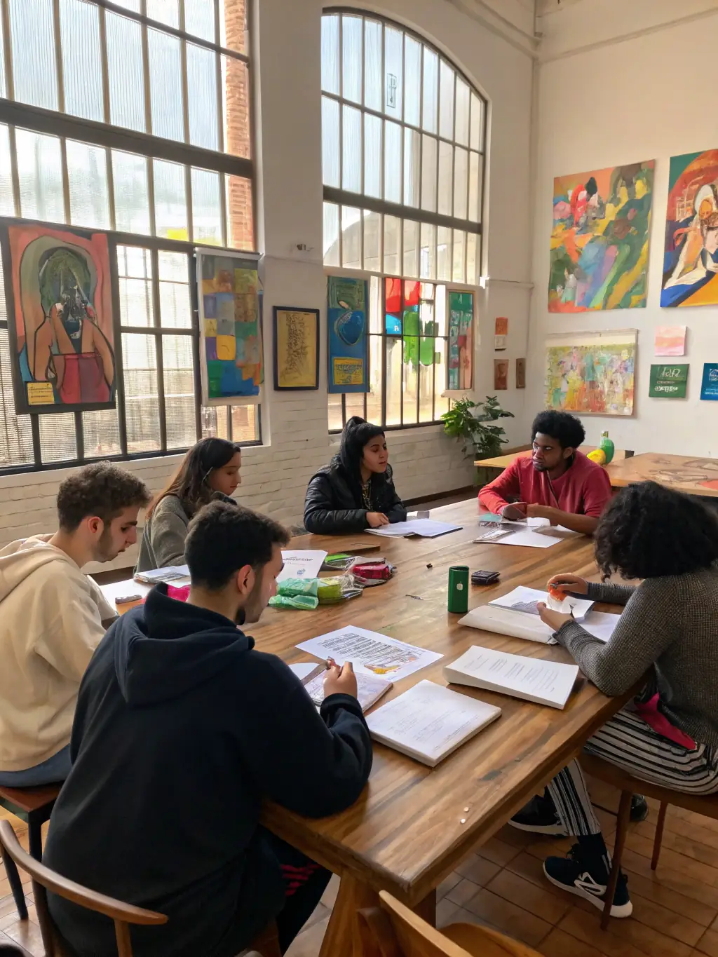 A diverse group of young people collaborating on a creative project, facilitated by HOLYJUICE ARTWORKS, in a community center.