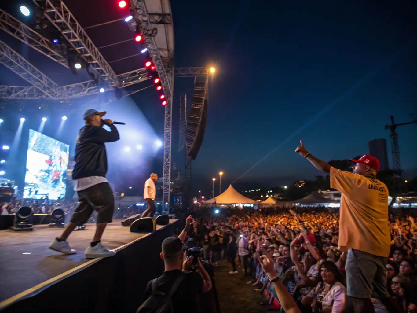 A captivating shot of a HOLYJUICE ARTWORKS-organized cultural event, featuring a diverse crowd enjoying a Hip-Hop performance in an urban setting.