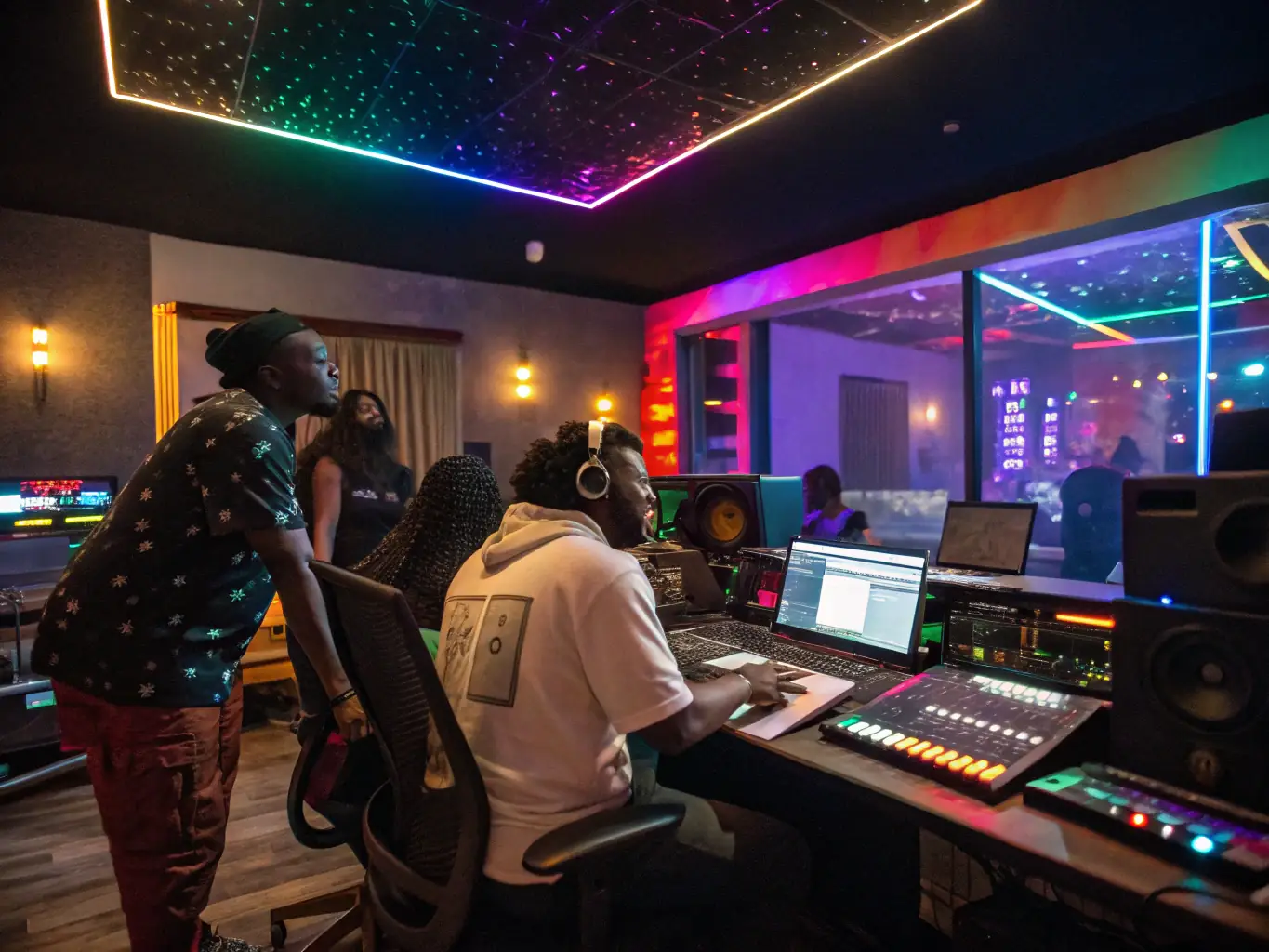 A dynamic image of a group of young artists collaborating in a recording studio, working on a track as part of the HOLYJUICE ARTWORKS' music production initiative.