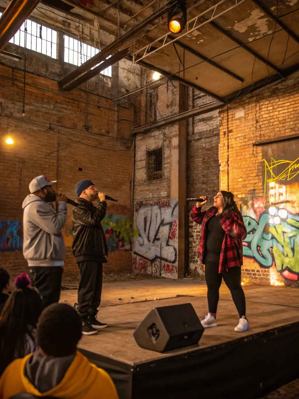 A vibrant scene from a HOLYJUICE ARTWORKS-organized hip-hop event, showing artists performing and the audience enjoying the show.