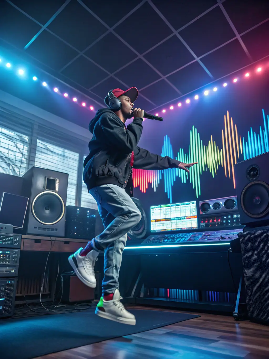 A young hip-hop artist is recording vocals in a professional studio, with HOLYJUICE ARTWORKS branding subtly visible in the background.