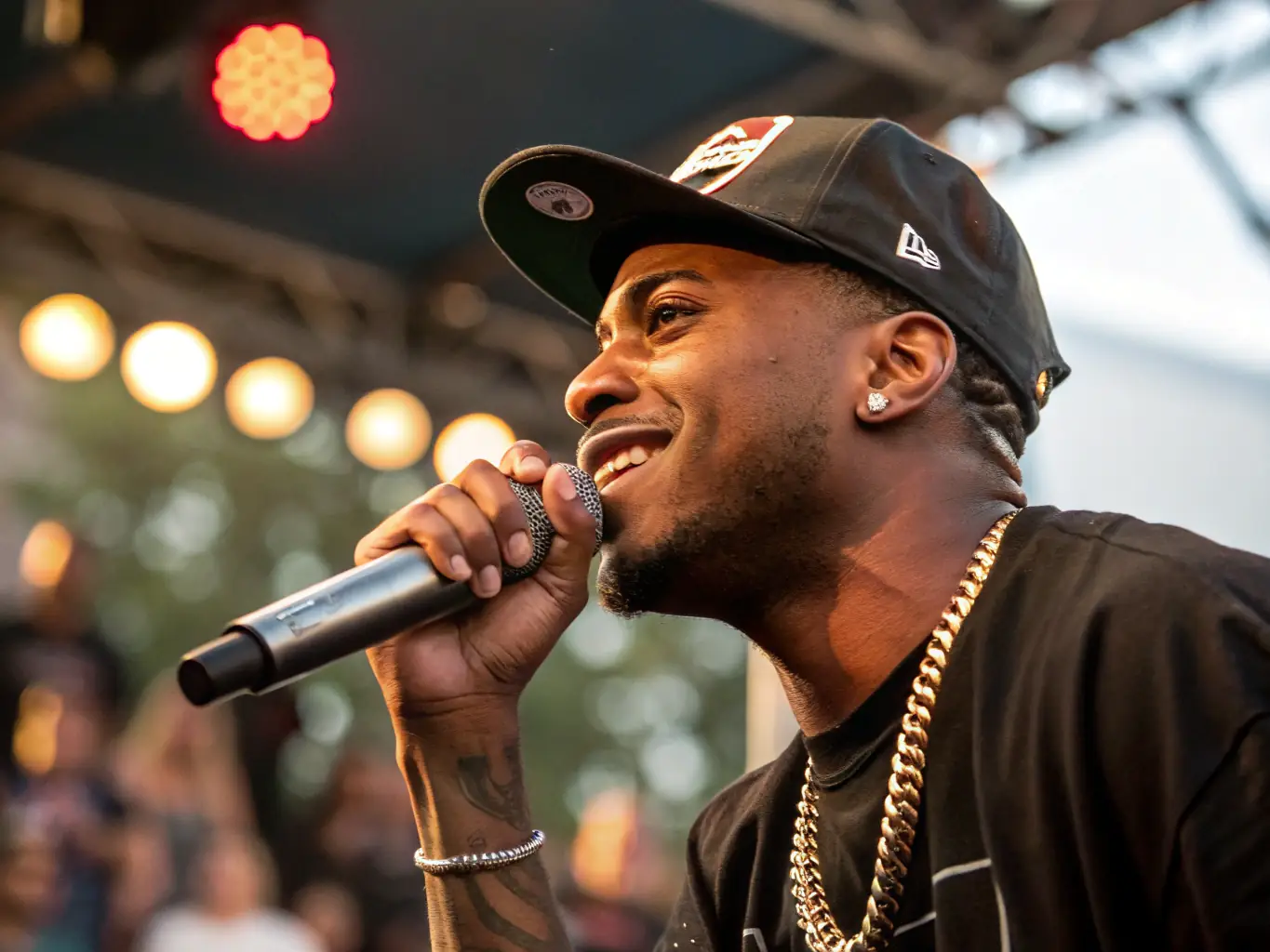 A vibrant photograph capturing a young Hip-Hop artist performing live on stage during a HOLYJUICE ARTWORKS event, showcasing the energy and talent the organization supports.