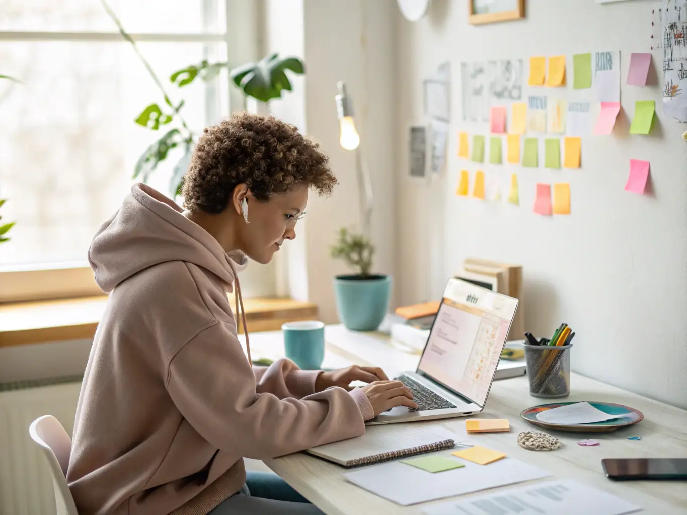 An editor is reviewing articles for the HOLYJUICE ARTWORKS online publication, focusing on emerging Hip-Hop artists. The workspace is collaborative and creative, reflecting the organization's commitment to supporting new voices.