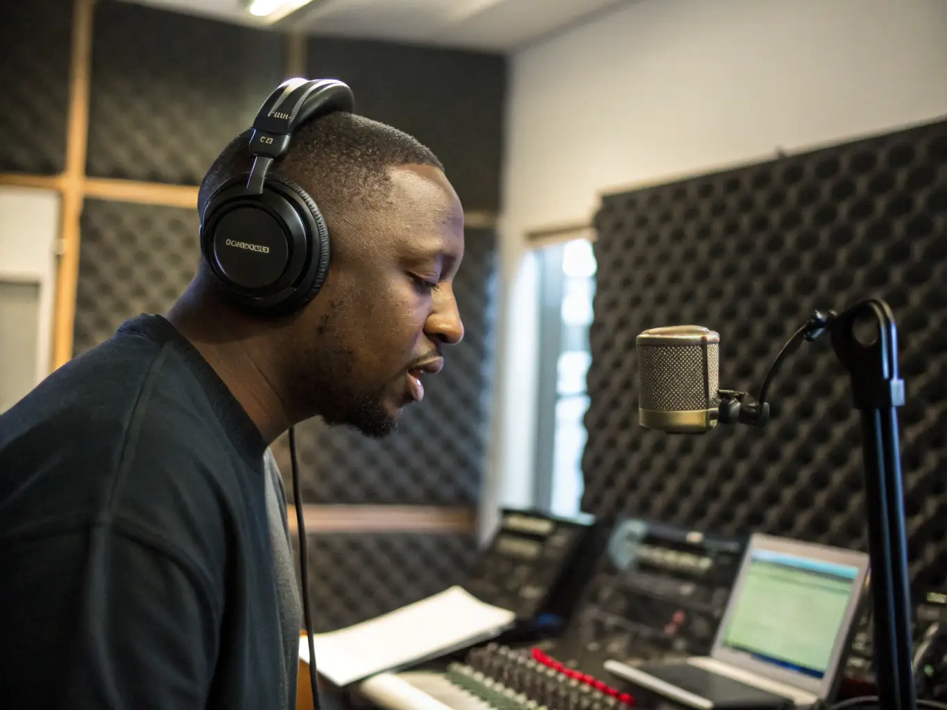 A young Hip-Hop artist is recording vocals in a professional studio, with a sound engineer providing guidance. The studio is modern and well-equipped, symbolizing HOLYJUICE ARTWORKS' commitment to high-quality production.